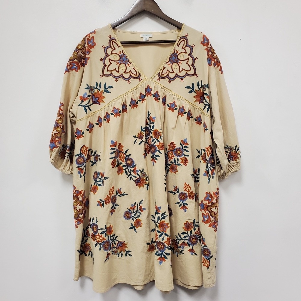 Sundance Embroidered Babydoll Dress Size XL Petite Oversized Relaxed Puff Sleeve